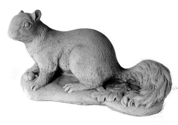Stone Squirrel Statue - Adult squirrel on base with oak leaf